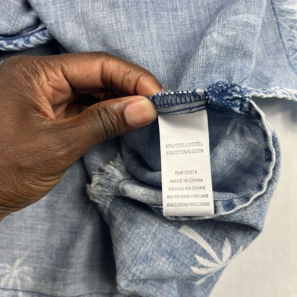 Billy T Palm Tree Print Chambray Button Shirt Dress M Short Sleeve Casual Resort - Picture 7 of 9